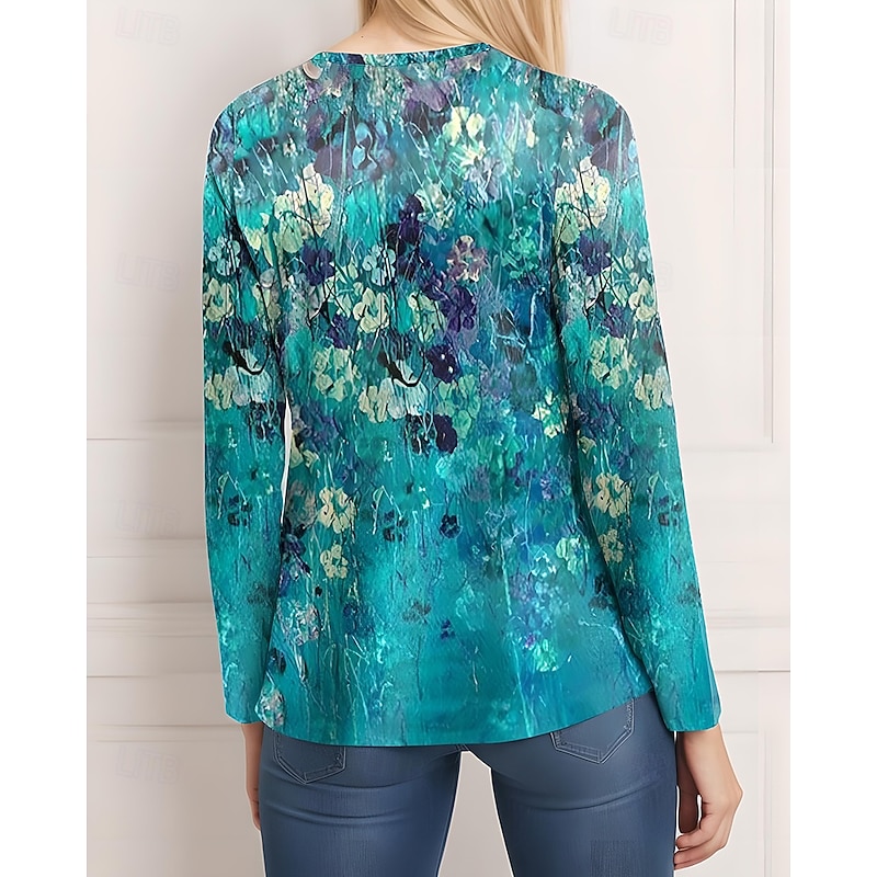 Women's T shirt Crew Neck Long Sleeve Tunic Casual Print Regular Tops Daily Blue Spring Fall2