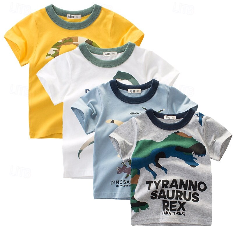 Multi Packs 4pcs Boys Crew Neck Short Sleeves White+Gray+Blue+Yellow T Shirt Tee Top Print Graphic Vacation Daily Wear 100% Cotton Spring & Summer