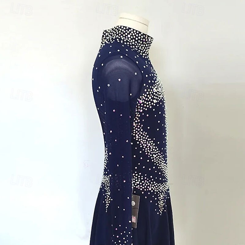 Figure Skating Dress Women's Girls' Ice Skating Dress Dark Navy High Elasticity Training Competition Skating Wear Classic Crystal / Rhinestone Long Sleeve Ice Skating Figure Skating3