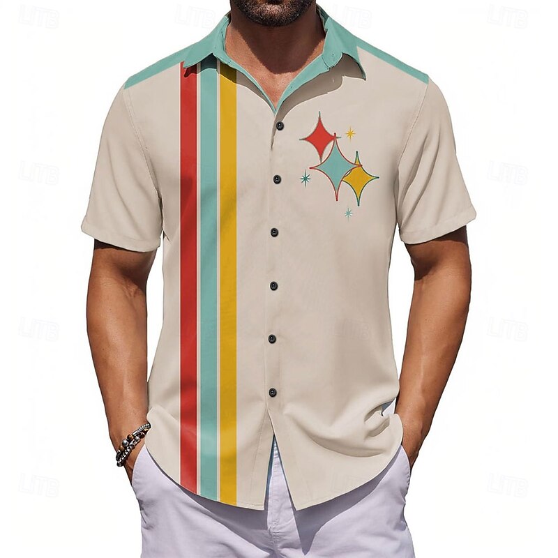 Men's Color Block Star Bowling Shirt Button Up Shirt Short Sleeve Fashion Casual Causal Casual Summer Spring Turndown Button Up Beige