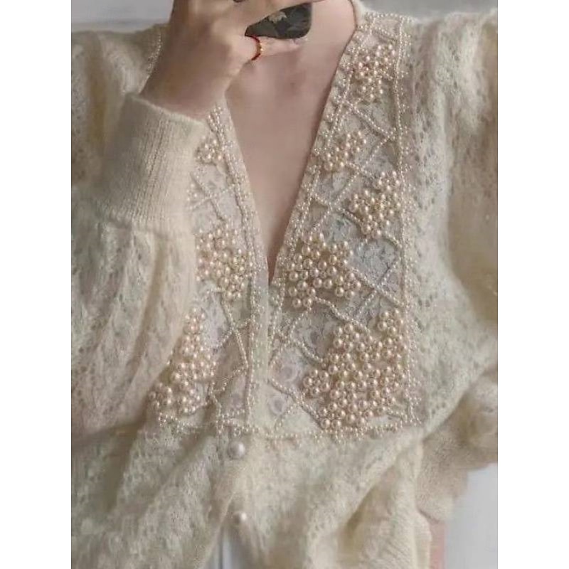 Women's Sweater Cardigan Casual Soft Pure Color Ribbed V Neck Lace Buttons Beaded Long Sleeve Regular Tops Knit Outdoor Daily Weekend Beige Fall Winter