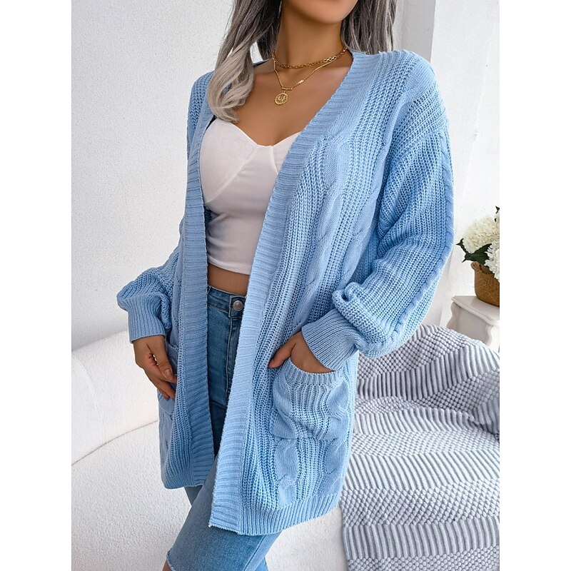 Women's Sweater Cardigan Casual Soft Pure Color Cable Open Front Pocket Knitted Long Sleeve Long Tops Knit Outdoor Daily Weekend Blue Apricot Fall Winter4