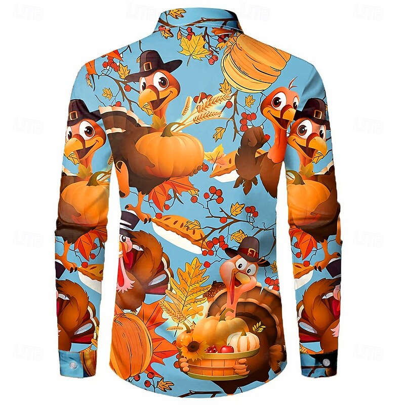 Thanksgiving Day Men's Turkey Shirt Button Up Shirt Long Sleeve Casual Daily Wear Going out Fall & Winter Turndown Print Button-Down Blue2