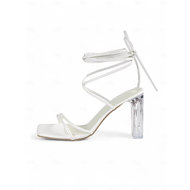 Women's White Strappy Lace-Up Heels with Clear Block Heel and Square Toe – Stylish Sandals for Prom, Weddings, and Summer Outfits3