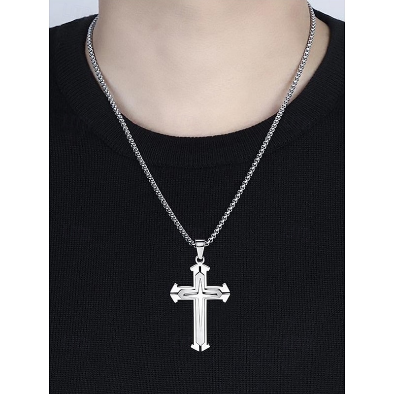 Men's Fashion Jewelry: Blue and Black Cross Necklace with Cuban Chain - Stylish and Durable3