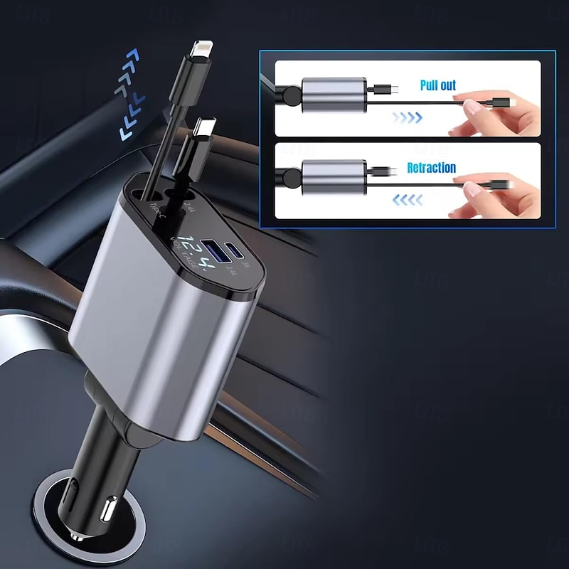 Car Charger 4 in 1 100W Car Charger Dual Retractable Type C Cables and 2 USB Ports Car Charger Compatible3