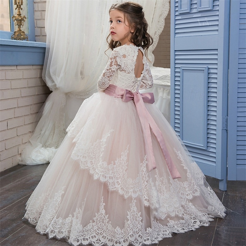 Flower Girl Dress Kid's Girls' Princess Dress Performance Wedding Party Elegant Beautiful Mesh Solid Color Long Sleeve Crew Neck Light Yellow Light Pink 4 years+3
