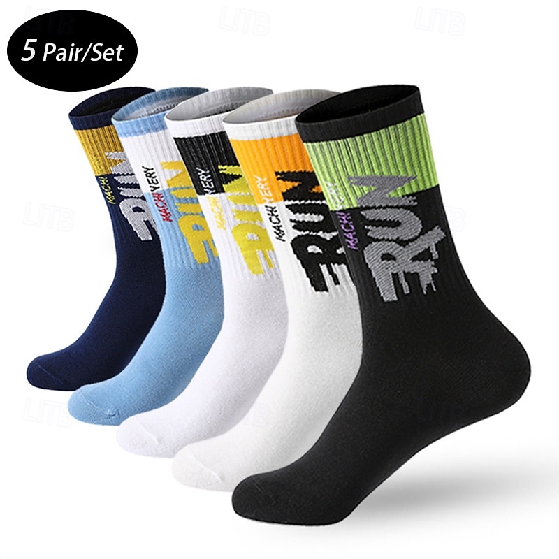 Men's 5 Pairs Multi Packs Socks Crew Socks Running Socks Casual Socks Black White Color Color Block Letter Vacation Sports & Outdoor Daily Basic Medium Spring Fall Fashion Casual
