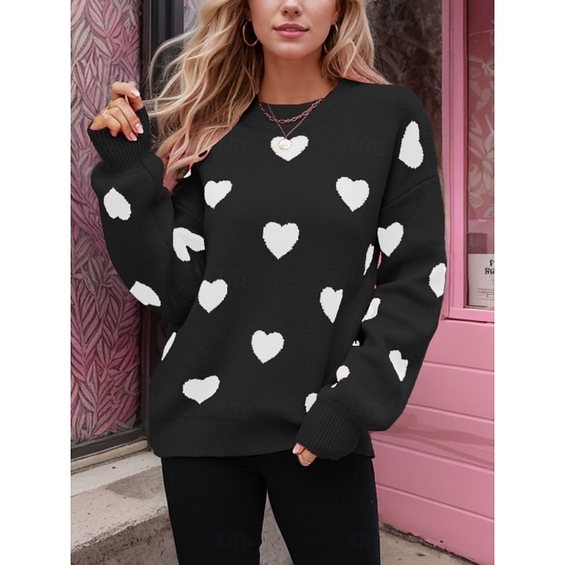 Women's Valentine Sweater Casual Soft Heart Ribbed Crew Neck Knitted Long Sleeve Regular Tops Knit Outdoor Daily Weekend Black Red Fall Winter