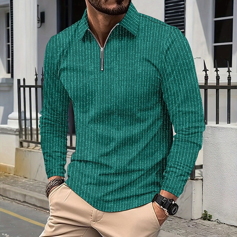 Men's Polo Shirts Quarter Zip Polo Vacation Street Quarter Zip Long Sleeve Fashion Basic Stripes Pocket Spring &  Fall Regular Fit Light Blue Black Navy Blue Dark Green Khaki Gray Polo Shirts2