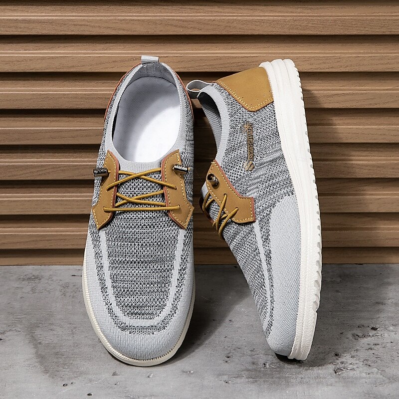 Men's Grey Knit Sport Shoes with Leather Accents and Lace-Up Design – Comfortable Casual & Outdoor Footwear2