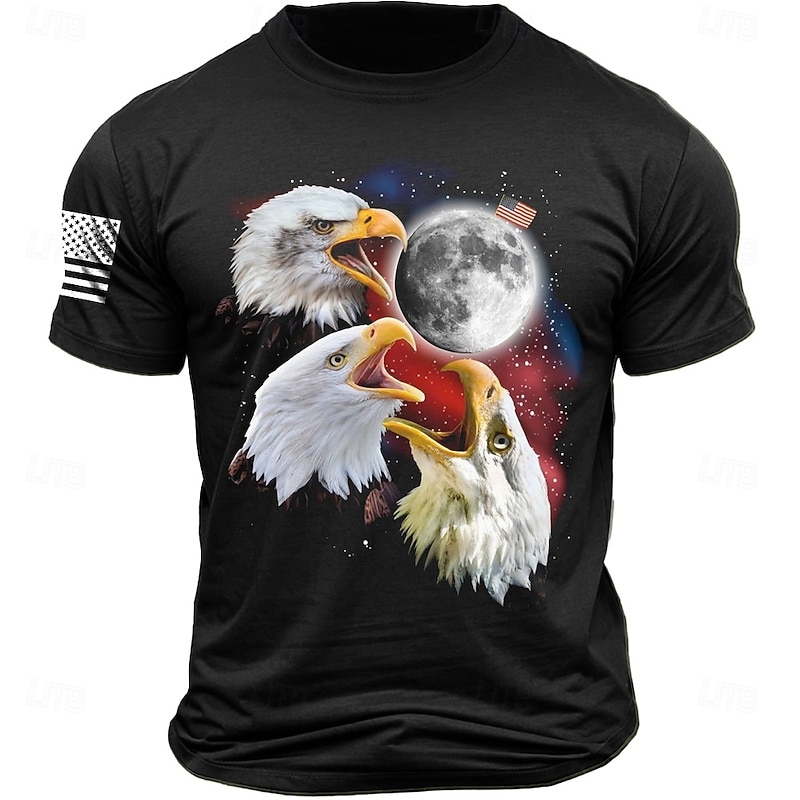 Men's Patriotic Graphic T-Shirt, Short Sleeve with Screaming Eagles, Moon & American Flag