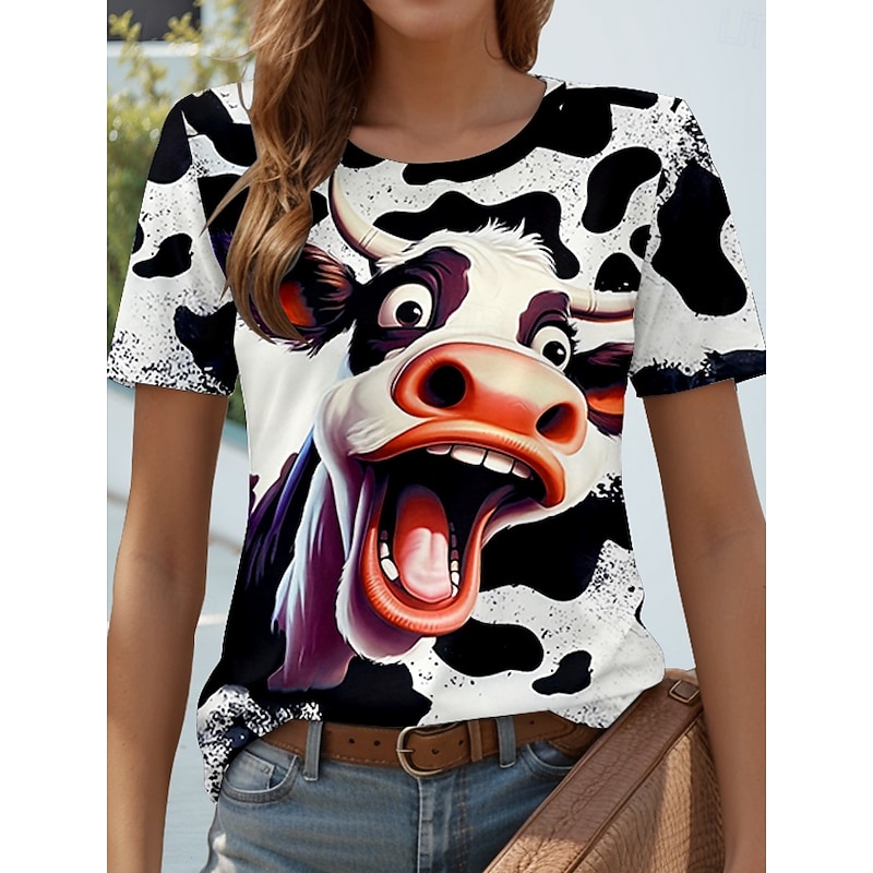 Women's T Shirt Cow Casual Short Sleeve Round Neck Regular Tops Daily Print White Summer