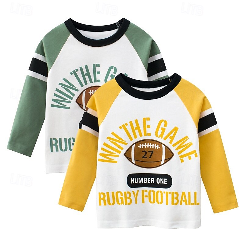 Multi Packs 2pcs Boys Crew Neck Long Sleeve Green+Yellow T Shirt Tee Top Print Graphic Vacation Daily Wear 100% Cotton Spring &  Fall