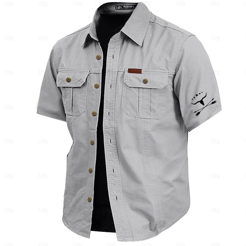 Men's Cow Print Work Shirt Western Shirt Cargo Shirt Short Sleeve Casual Tactical Sports & Outdoor Going out Summer Spring Turndown Print Army Green Khaki Dark Blue Beige4