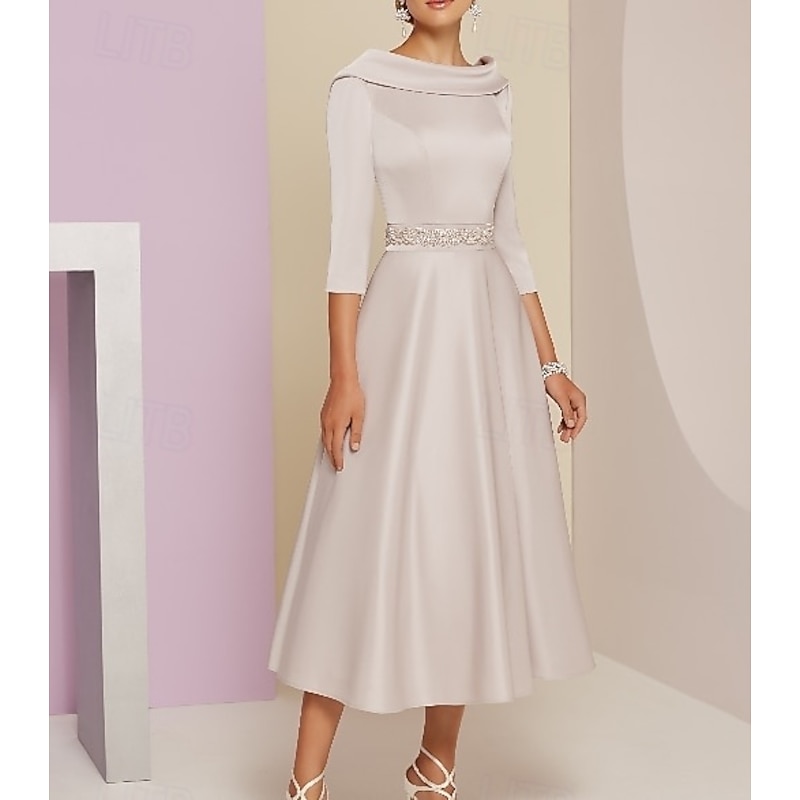 A-Line Dress Mother of the Bride Dress Elegant Vintage Bateau Neck Tea Length Satin 3/4 Length Sleeve with Beading Race Day Dress 6