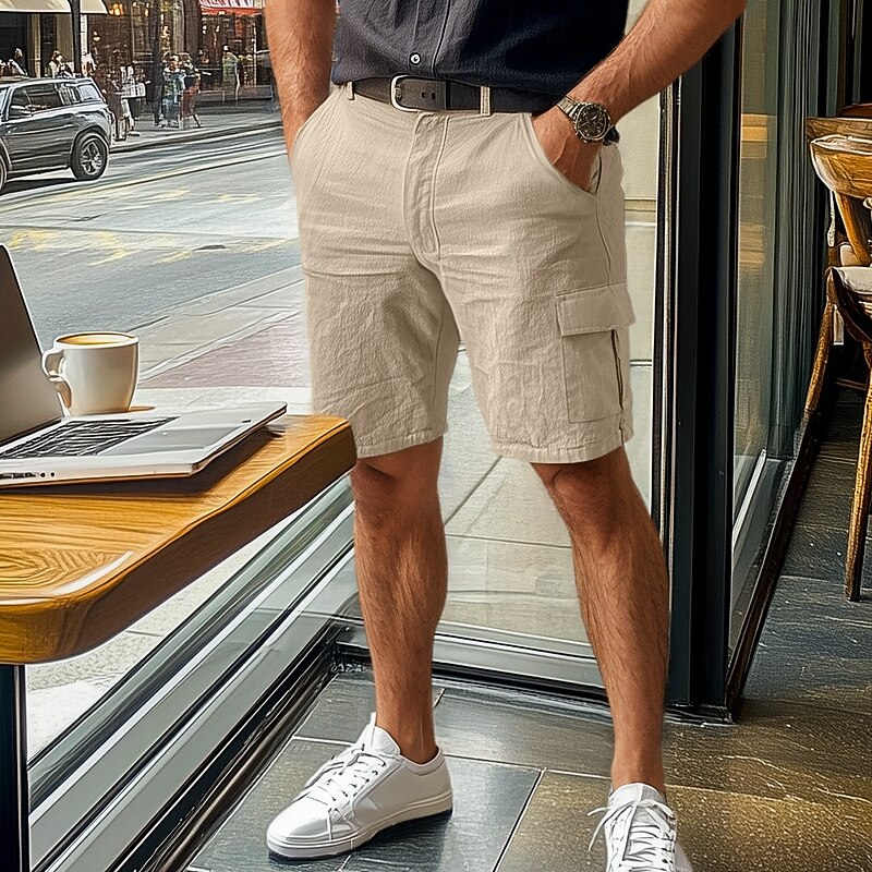 Men's Cargo Shorts Shorts Linen Shorts Summer Shorts Pocket Plain Comfort Soft Business Daily Business Casual White Navy Blue