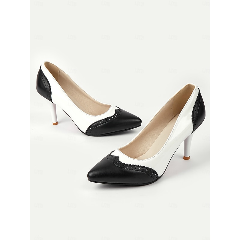 Women's Elegant Retro-Inspired Black and White Patent Faux Leather Pumps with Stiletto Heel - Perfect for Weddings and Special Occasions4