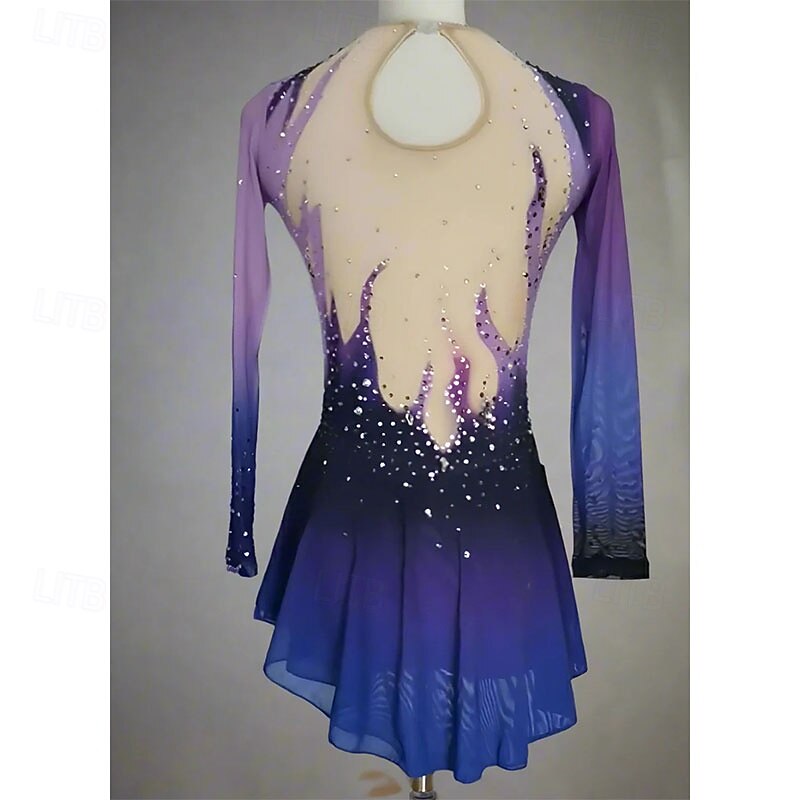 Figure Skating Dress Women's Girls' Ice Skating Dress Purple Blue Patchwork High Elasticity Training Competition Skating Wear Classic Crystal / Rhinestone Long Sleeve Ice Skating Figure Skating2