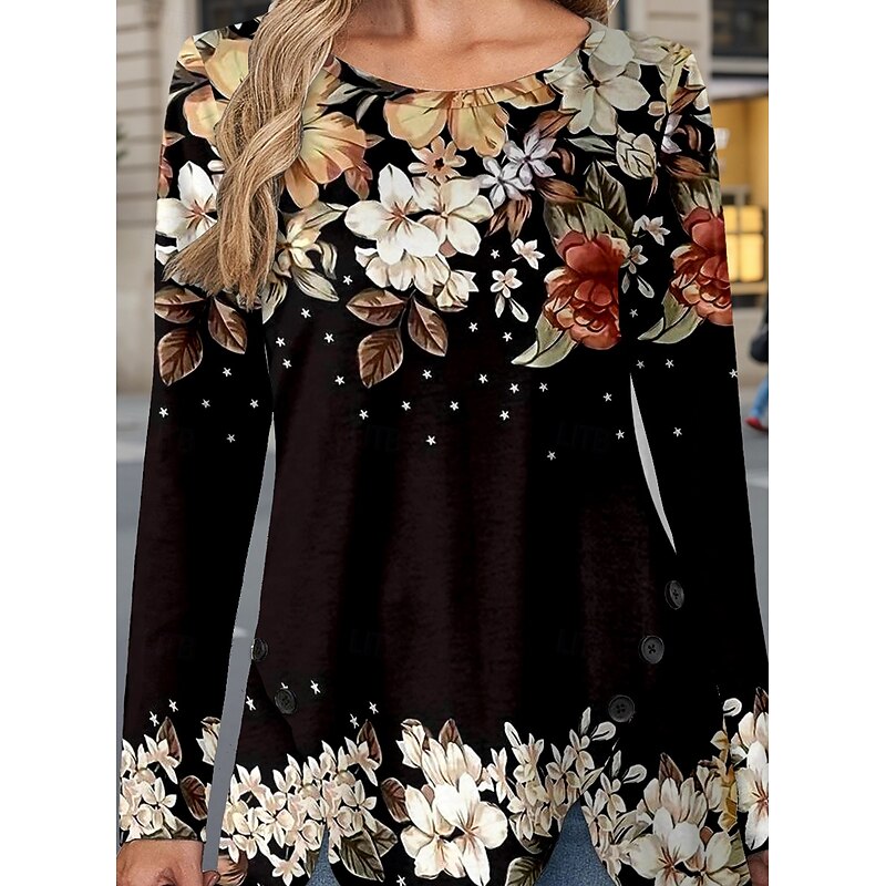 Women's T Shirt Floral Casual Long Sleeve Crew Neck Regular Tops Daily Buttons Print Asymmetrical Black Red Spring &  Fall3