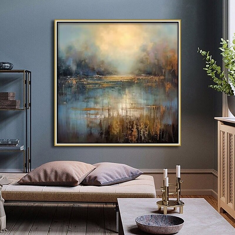 Handmade Oil Painting Canvas Wall Art Decoration Modern Abstract Golden Green Landscape Art for Home Decor Rolled Frameless Unstretched Painting