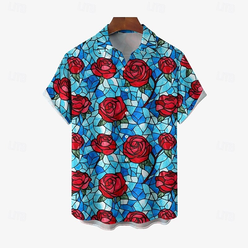 Valentine's Day Men's Rose Casual Shirt Button Up Shirt Short Sleeve Casual Party Daily Wear Summer Spring Turndown Button Up Blue