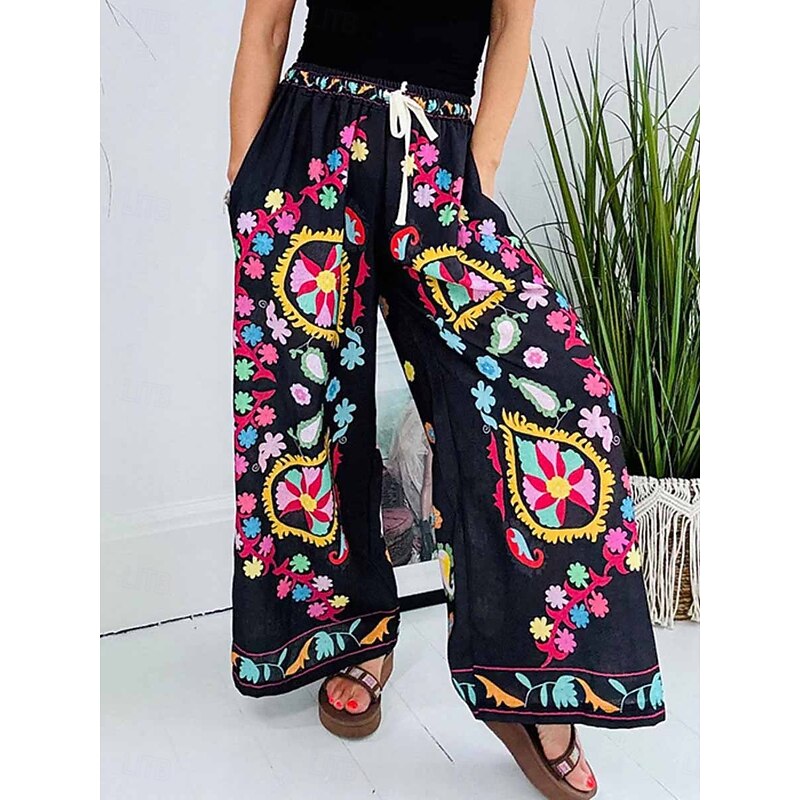 Women's Wide Leg Chinos Fashion Streetwear Full Length High Waist Floral Pocket Elastic Waistband Comfy Soft Comfortable Micro-elastic Outdoor Street Black Spring &  Fall Regular Fit
