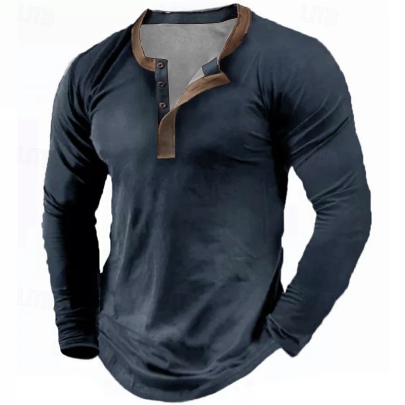 Men's Button T Shirt Henley Shirt Tee Long Sleeve Shirt Long Sleeve Henley Spring &  Fall Fashion Streetwear Basic Print Button-Down Vacation Casual Sports Light Yellow Black Dark Red Top Tee for Men3