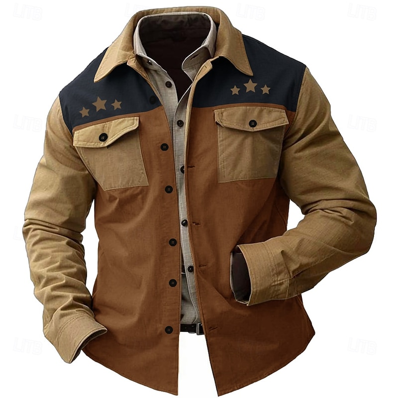 Men's Pentagram Casual Shirt Button Up Shirt Long Sleeve Fashion Casual Causal Casual Fall Winter Turndown 2 Pockets Brown Gray