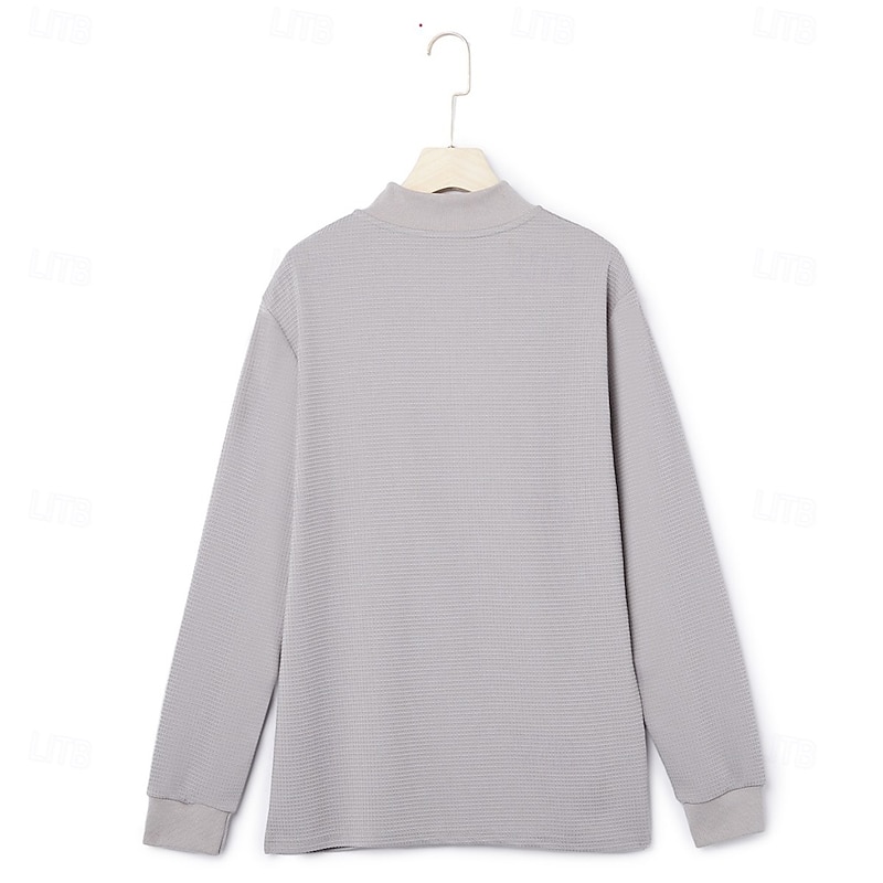 Men's Waffle Polo Shirts Home Standing Collar Quarter Zip Long Sleeve Basic Solid Color Knitted Spring &  Fall Standard Fit Light Blue Black White Gray Waffle Polo Shirts3