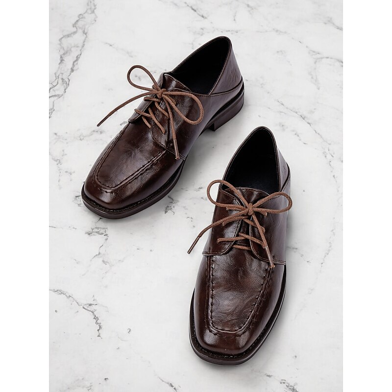 Women's Classic Brown Faux Leather Oxford Shoes - Lace-Up Design, Retro Style, Comfortable Formal Footwear for Office or Business Wear