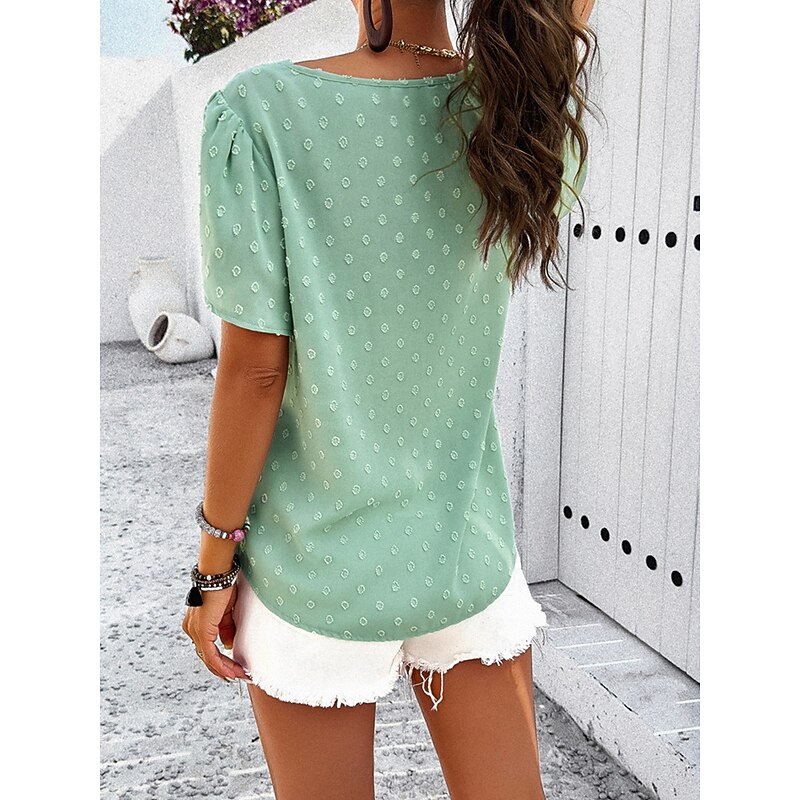 Women's Shirt Blouse Solid Color Elegant Daily Short Sleeve V Neck Regular Tops Daily Patchwork White Orange Green Summer3