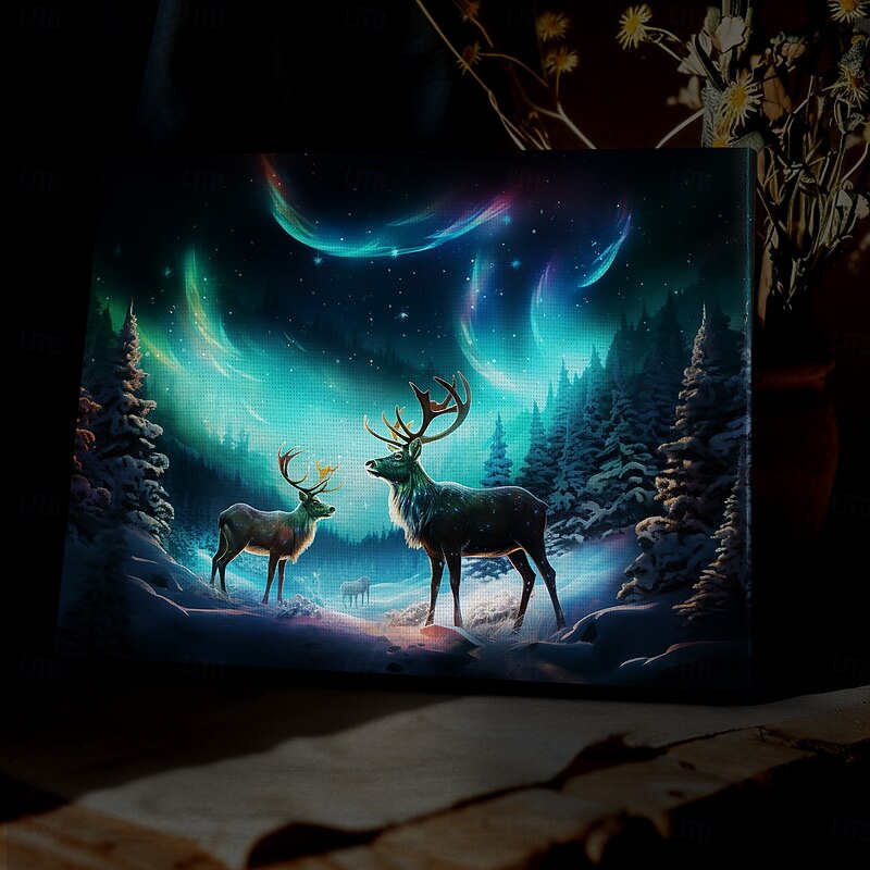 Northern Light LED Canvas Wall Art LED Lighted Up Wall Decor 2AA Battery Operated Lighted Canvas Print LED Light Kitchen Bedroom or Home Decor Aurora Reindeer Winter Wonderland2