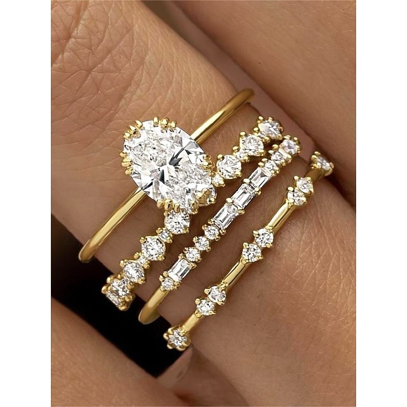 Gold Stacking Rings Set with Oval-Cut and Round Cubic Zirconia, Elegant Minimalist Jewelry for Women, Perfect for Weddings, Engagements, and Special Occasions4