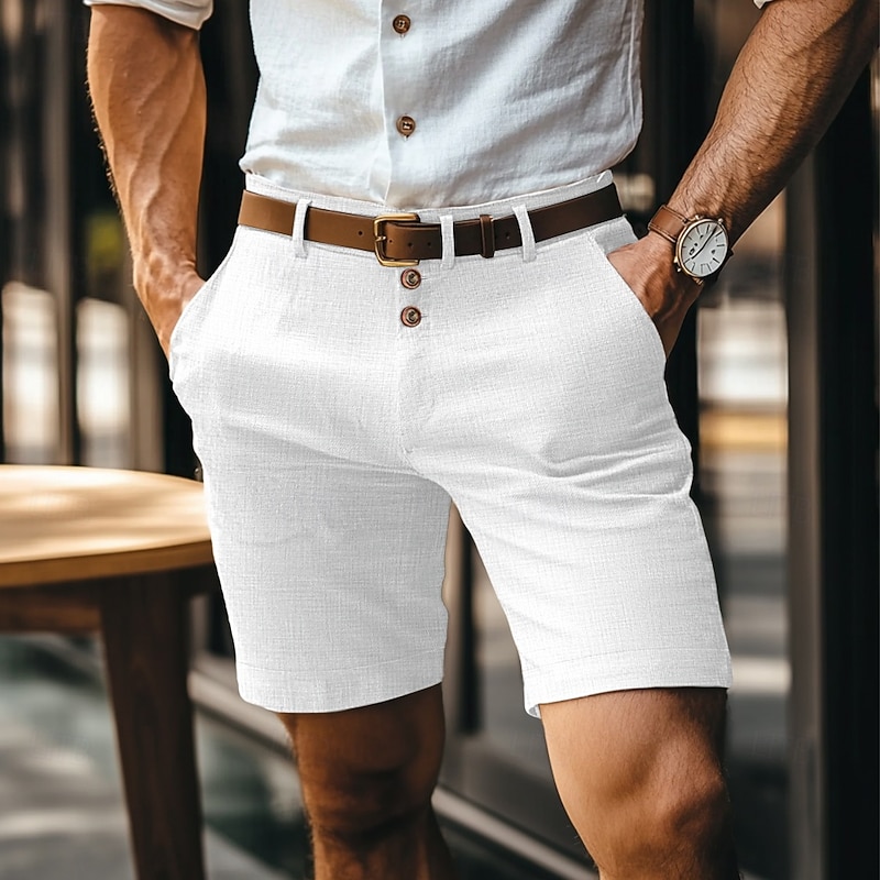 Men's Shorts Linen Shorts Buttons Pocket Straight Leg Plain Comfort Breathable Short Business Business Black White2