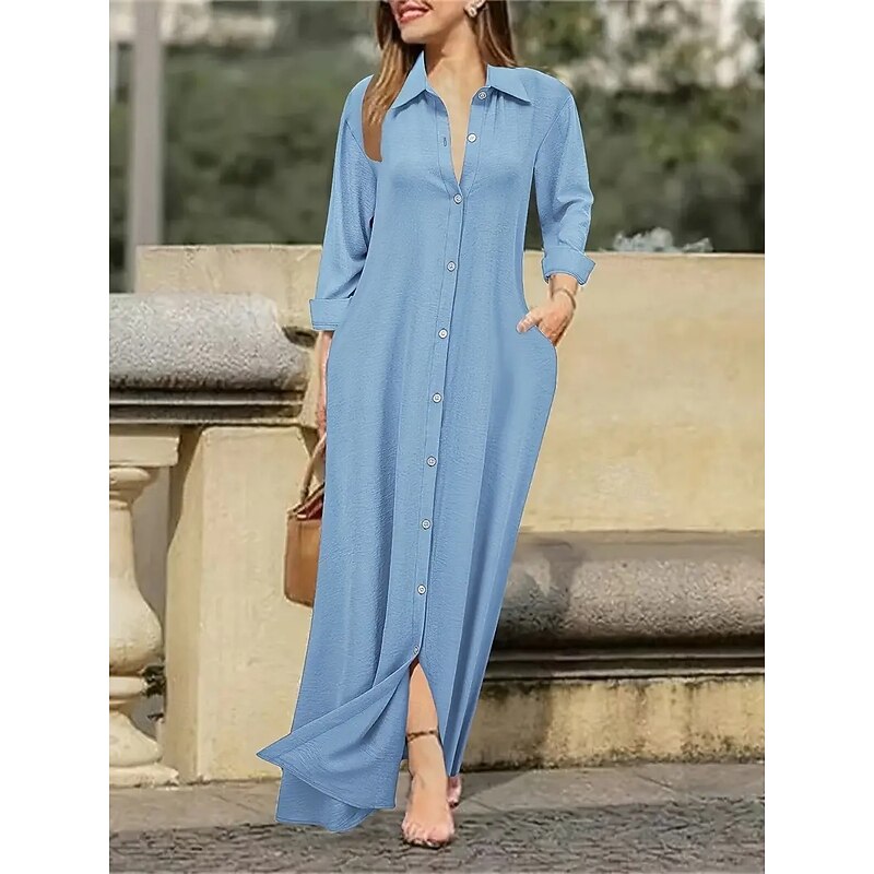 Women's Elegant Dress Maxi Dress Buttons Elegant V Neck Long Sleeve Black White Red Color3