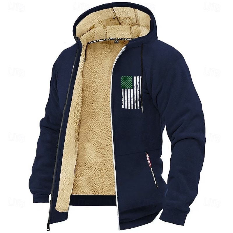 Men's Full Zip Hoodie Fuzzy Sherpa Fleece Jacket Fleece Hoodie Black Wine Army Green Navy Blue Blue Hooded Flag Plain Zipper Pocket Drawstring Sports & Outdoor Daily Weekend Polyester Vintage Casual3
