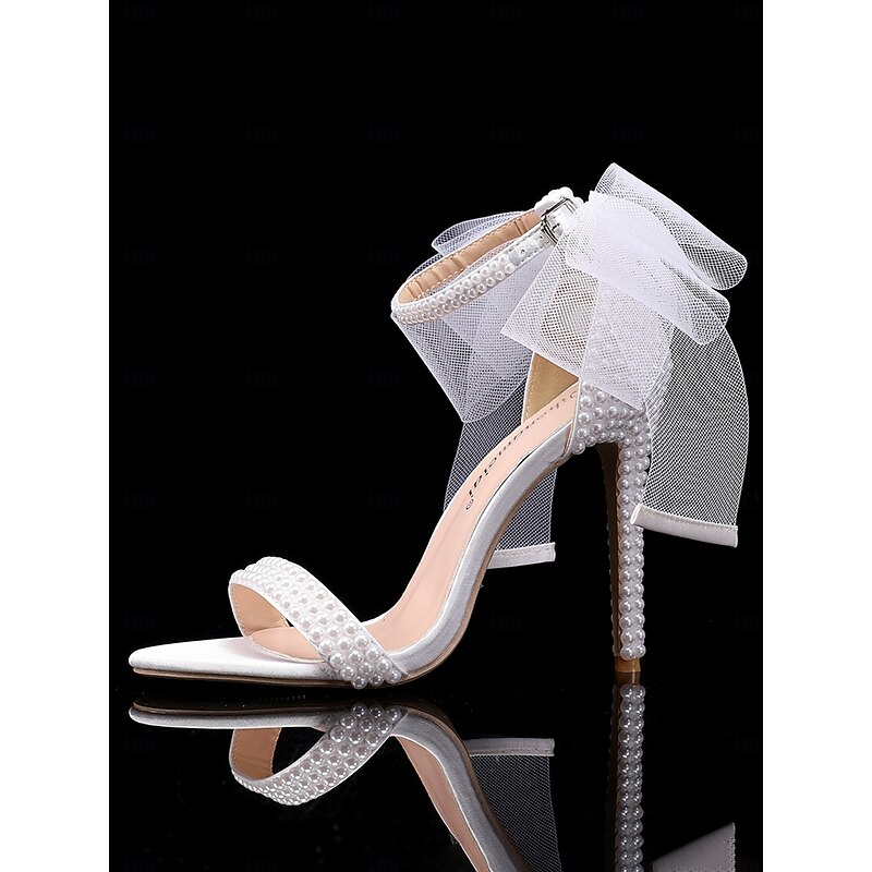 Women's White Pearl Embellished Wedding Heels with Bow and Ankle Strap – Elegant Bridal Shoes for Weddings and Formal Events2