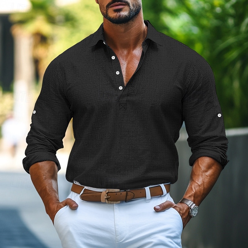 Men's Shirt Linen Shirt Summer Shirt Plain Casual Daily Black White Blue Green Long Sleeve Collar Spring & Summer Clothing Apparel2