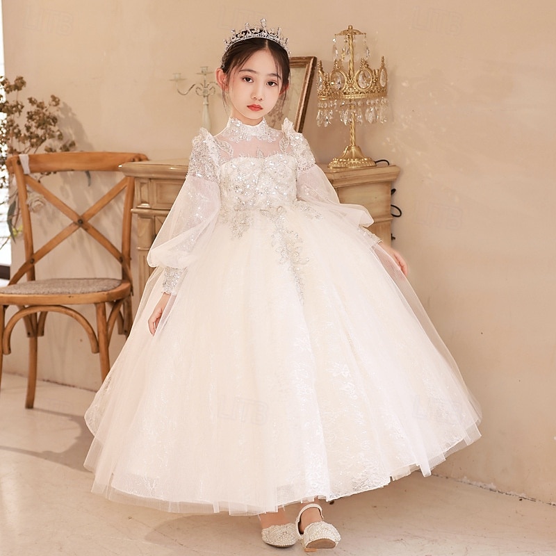 Flower Girl Dress Kid's Girls' Princess Dress Performance Wedding Party Elegant Beautiful Mesh Solid Color Long Sleeve Standing Collar White 4 years+4