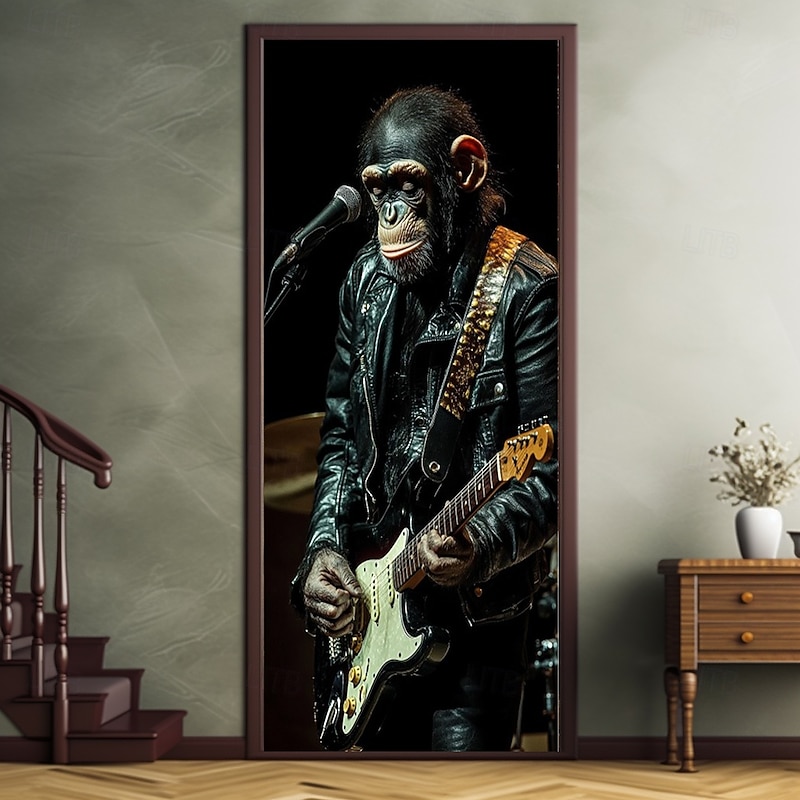 Animal Door Decorations Door Covers Rock Star Chimpanzee Door Tapestry Door Curtain Decoration Backdrop Indoor/Outdoor Door Banner for Front Door Farmhouse