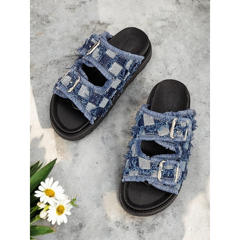 Women's Comfortable Blue Distressed Denim Double Buckle Slides with Thick Sole Perfect for Everyday Wear