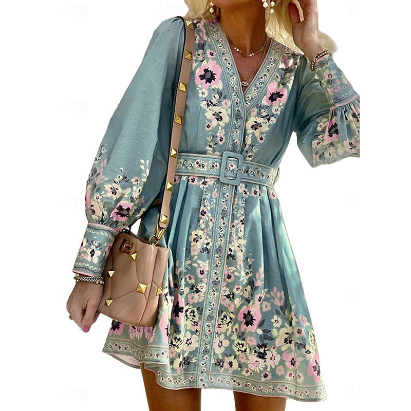 Women's Mini Dress Petite Dress Casual Dress Boho Chic Dresses Boho Dress Elegant Bohemia Cute Vacation Daily Beach Loose Fit Graphic Long Sleeve V Neck Light Green Sky Blue Purple Spring Fall4