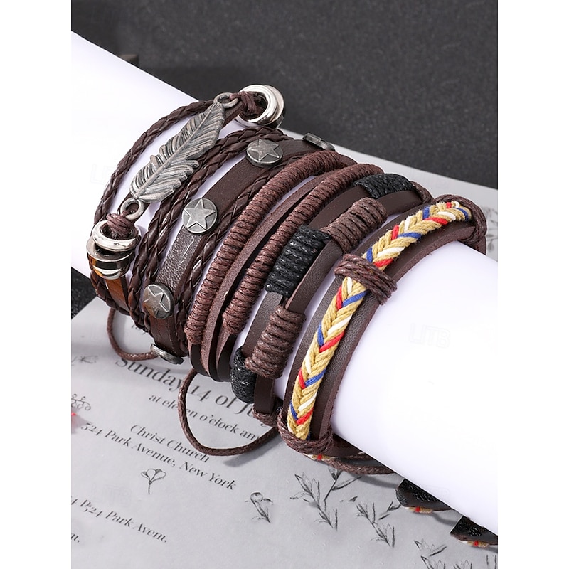 Men's Vintage Multi-Layer Leather Bracelet Set with Feather and Star Charms, Adjustable Wristbands for Casual Wear, Boho Style Accessories for Parties and Gifts4
