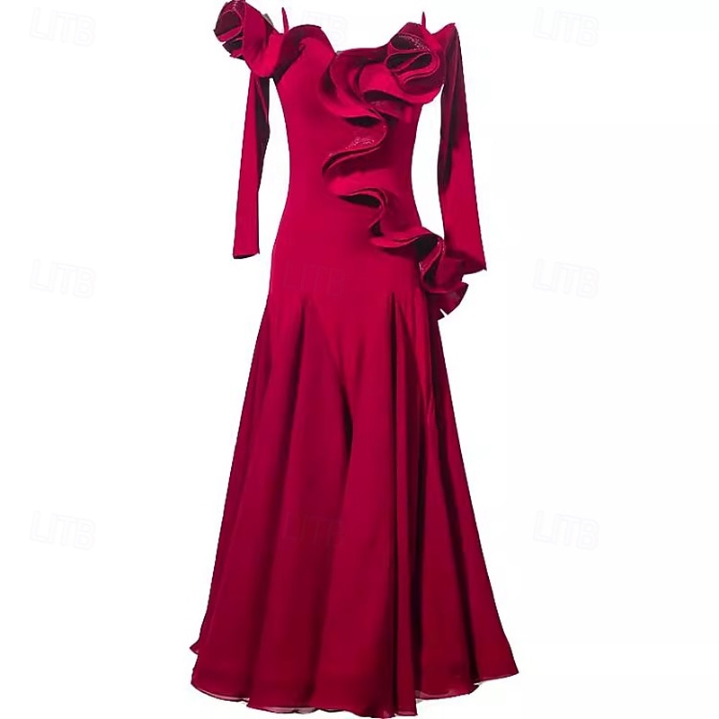 Ballroom Dance Dress Pure Color Splicing Women's Performance Party Long Sleeve Chiffon Crystal Cotton3