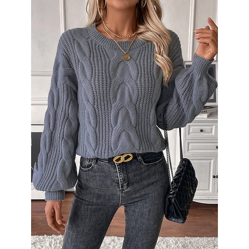 Women's Sweater Casual Soft Pure Color Cable Crew Neck Knitted Long Sleeve Regular Tops Knit Outdoor Daily Weekend Khaki Gray Fall Winter3