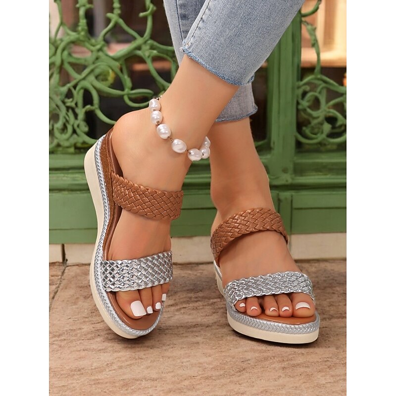 Women's Woven Platform Sandals with Dual Straps, Casual Summer Shoes with Metallic Accents, Comfortable Footwear for Vacation and Daily Wear2