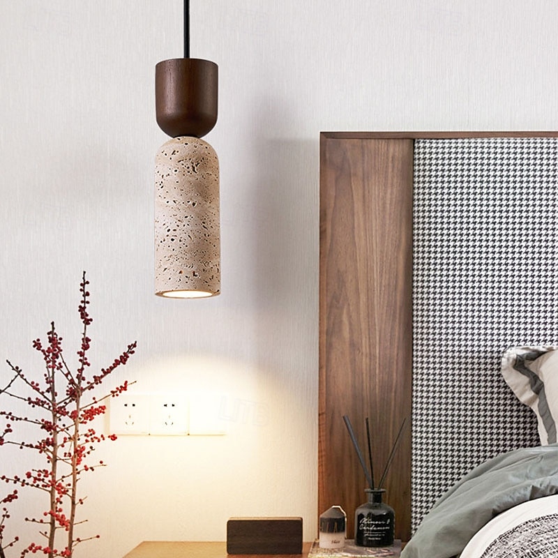 Nordic Modern Natural Stone Pendant Lamp E27 Light Source Single Head Ceiling Lamp Wooden Bedroom Bedside Hanging Line Lamp 24cm 85-265V