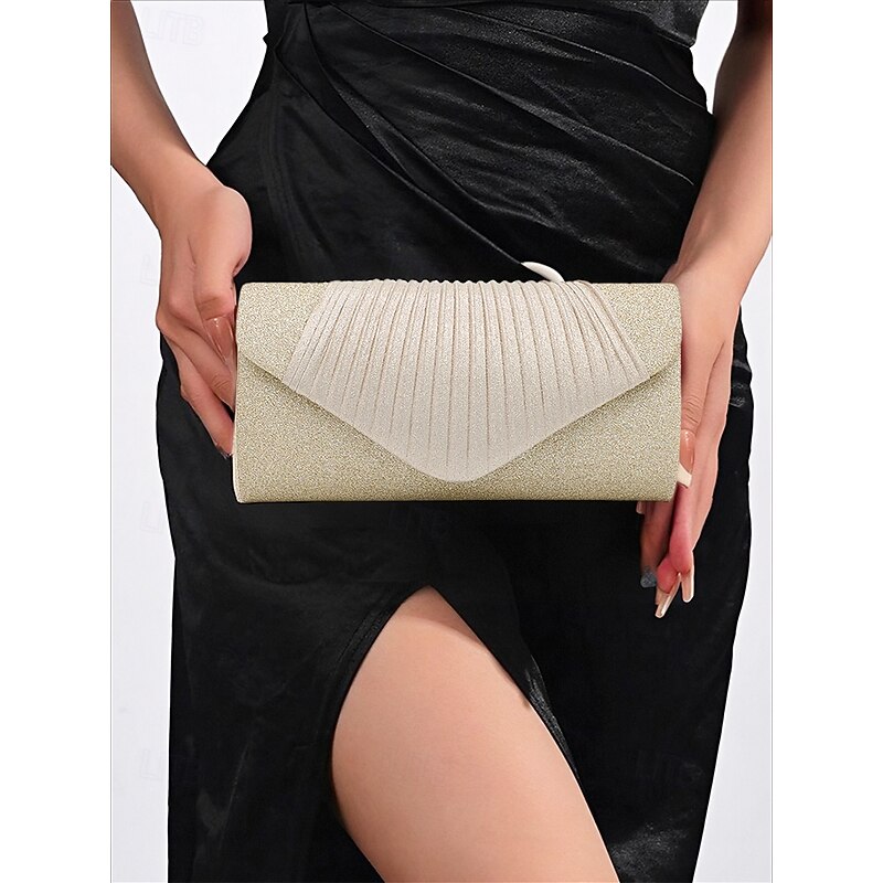 Champagne Glitter Evening Clutch Bag with Pleated Design – Elegant Handbag for Women, Perfect for Weddings, Parties, and Formal Events3