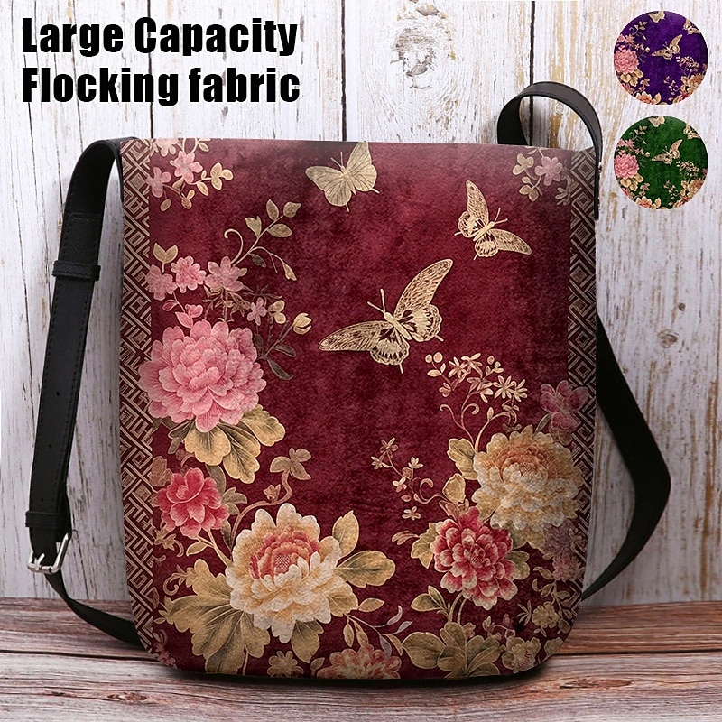 Vintage Floral Crossbody Bag with Butterfly Print, Lightweight Shoulder Bag for Women, Casual and Travel Use Red Purple Green